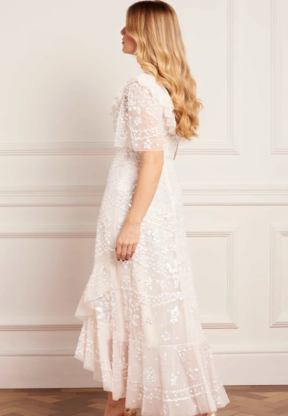 SUKIENKA ANAISSEQUIN FRILL ANKLE GOWN KREMOWA