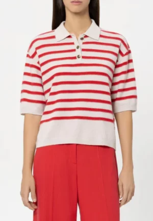 SWETER POLO W PASKI CZERWONO-BIAŁY