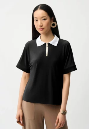 BLUZKA POLO Z OZDOBNYM ZAMKIEM CZARNA