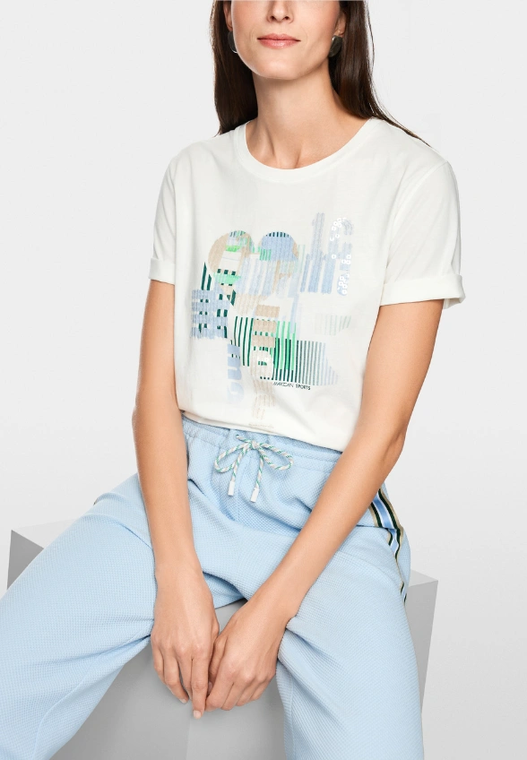 T-SHIRT BAWEŁNIANY Z OZDOBNYM PRINTEM BIAŁY