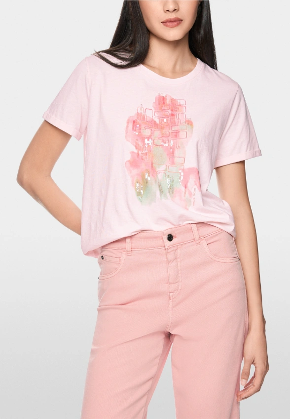 T-SHIRT BAWEŁNIANY Z PRINTEM PUDROWY RÓŻ