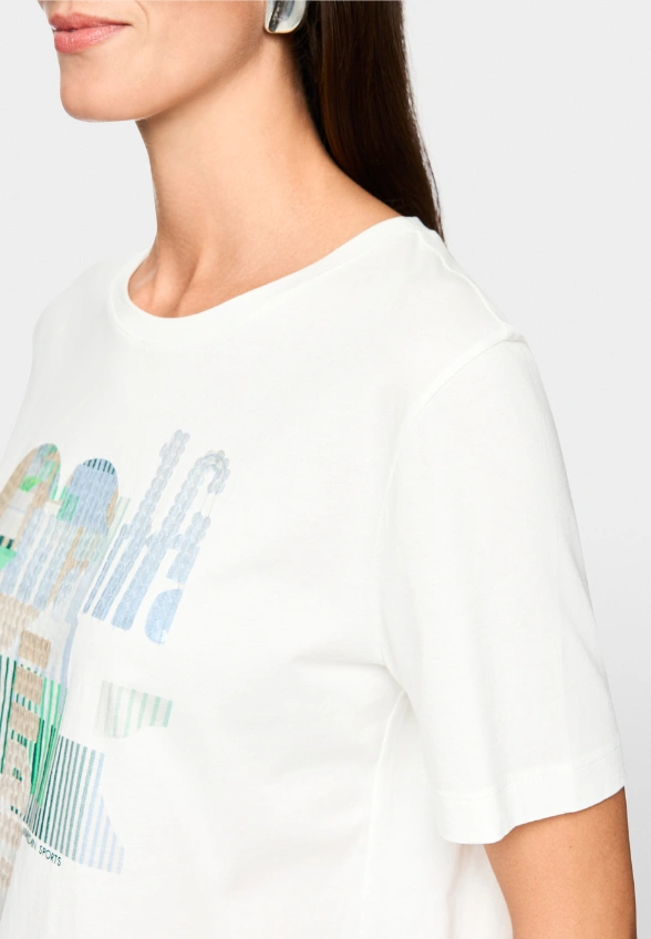 T-SHIRT BAWEŁNIANY Z OZDOBNYM PRINTEM BIAŁY