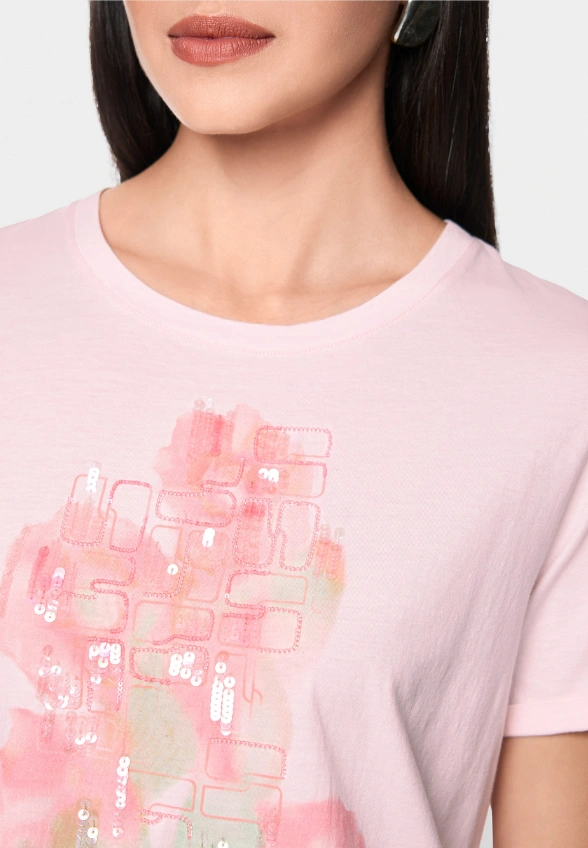 T-SHIRT BAWEŁNIANY Z PRINTEM PUDROWY RÓŻ