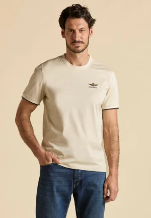 T-SHIRT MĘSKI Z MACERYZOWANEJ BAWEŁNY JASNY BEŻ