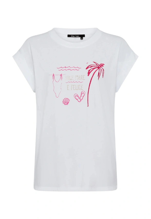 T-SHIRT BAWEŁNIANY Z NADRUKIEM BIAŁO-RÓŻOWY