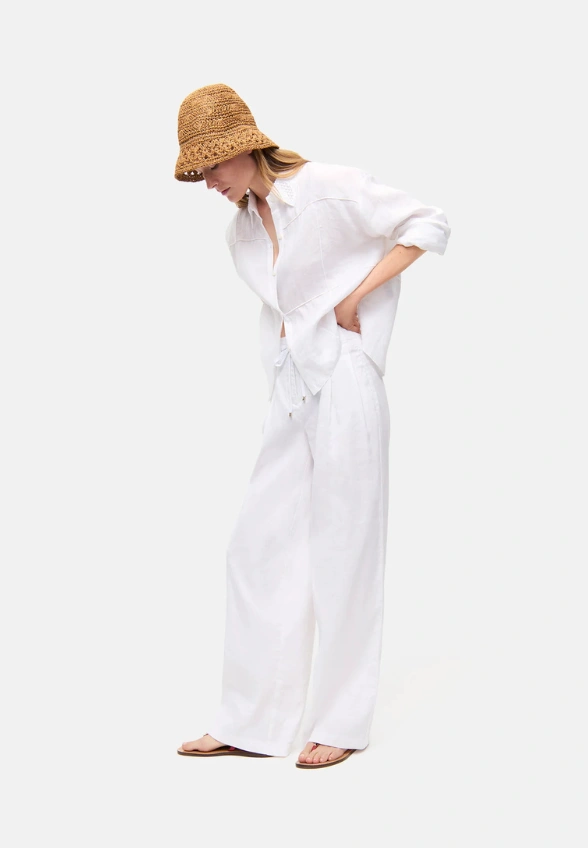 SPODNIE LNIANE ADDISON WIDE-FIT BIAŁE