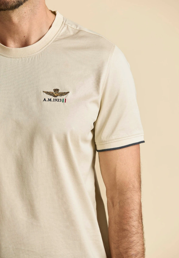 T-SHIRT MĘSKI Z MACERYZOWANEJ BAWEŁNY JASNY BEŻ