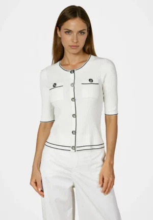 SWETER PRĄŻKOWANY Z GUZIKAMI BIAŁY