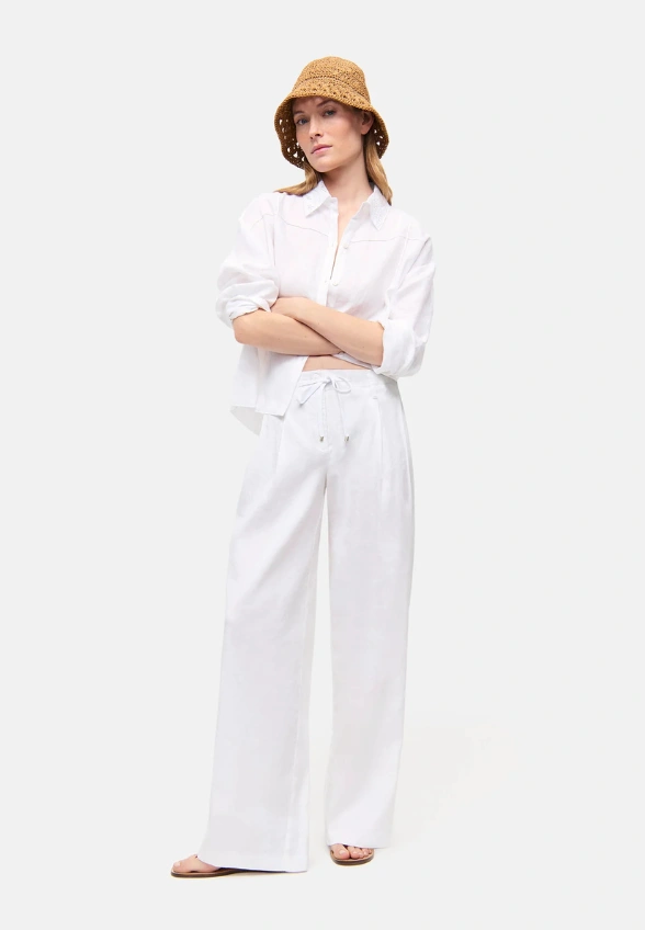 SPODNIE LNIANE ADDISON WIDE-FIT BIAŁE