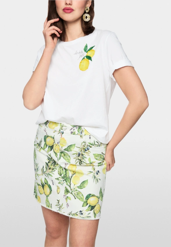 T-SHIRT BAWEŁNIANY Z NADRUKIEM W CYTRYNY BIAŁY