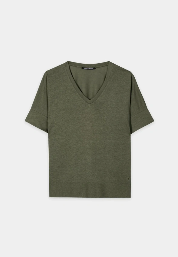 KOSZULKA Z PRĄŻKOWANYM OBSZYCIEM KHAKI