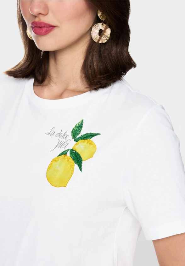 T-SHIRT BAWEŁNIANY Z NADRUKIEM W CYTRYNY BIAŁY