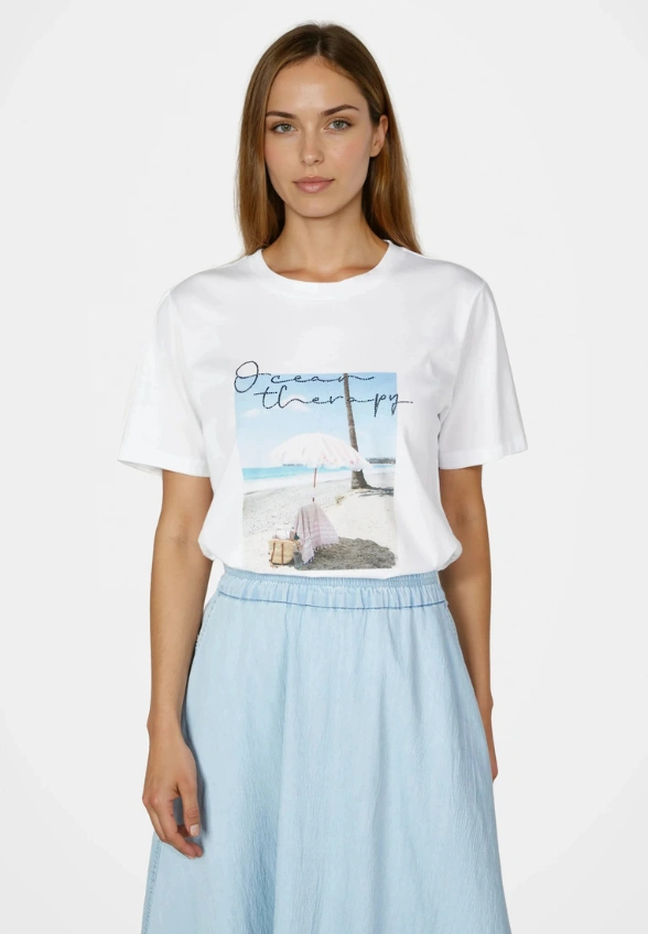T-SHIRT BAWEŁNIANY Z NADRUKIEM BIAŁO-BŁĘKITNY