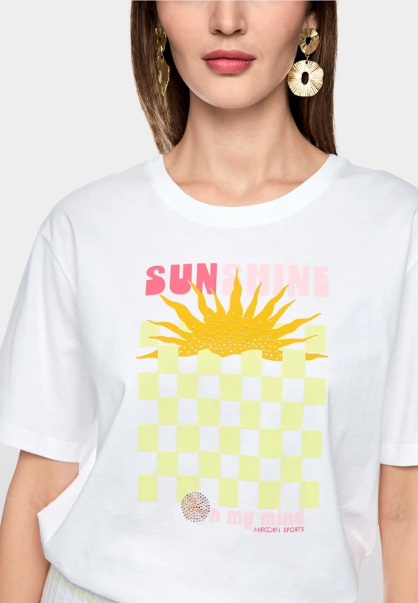 T-SHIRT BAWEŁNIANY Z NADRUKIEM BIAŁO-ŻÓŁTY