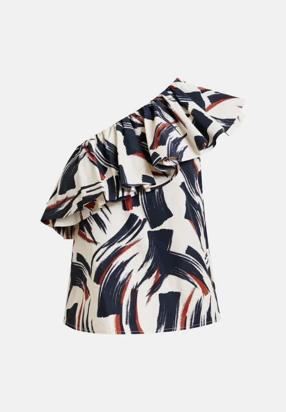 TOP Z ASYMETRYCZNĄ FALBANĄ KREMOWO-CZARNY
