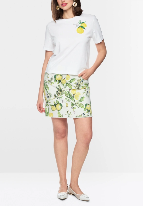 T-SHIRT BAWEŁNIANY Z NADRUKIEM W CYTRYNY BIAŁY
