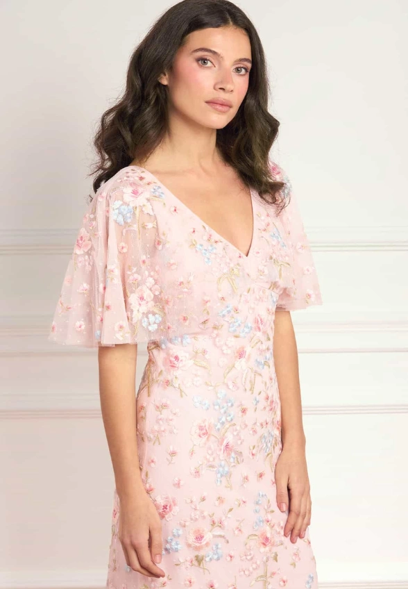 SUKIENKA PEONY BOUQUET V-NECK SUBTELNY RÓŻ