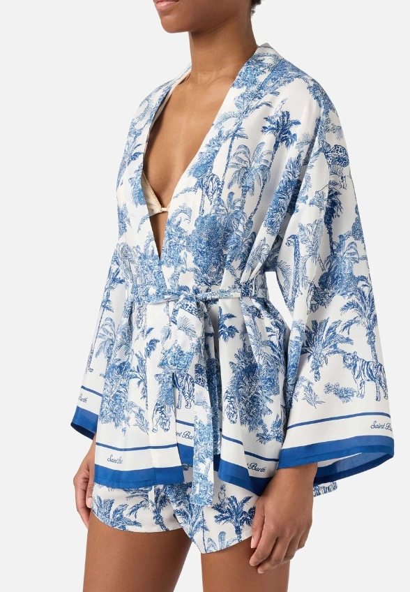 KIMONO Z JEDWABIU CARLY NIEBIESKO-BIAŁE