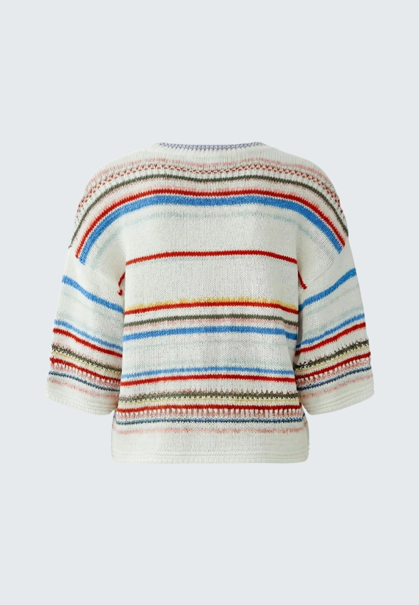 SWETER DZIANINOWY W PASKI BIAŁY