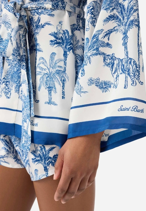 KIMONO Z JEDWABIU CARLY NIEBIESKO-BIAŁE