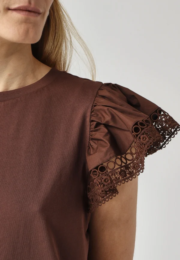 T-SHIRT BAWEŁNIANY Z KORONKĄ BRĄZOWY