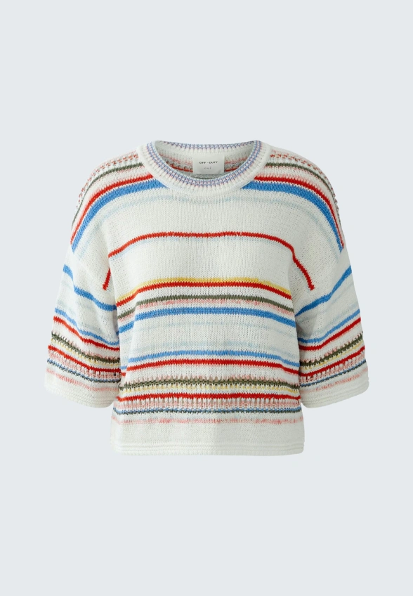 SWETER DZIANINOWY W PASKI BIAŁY