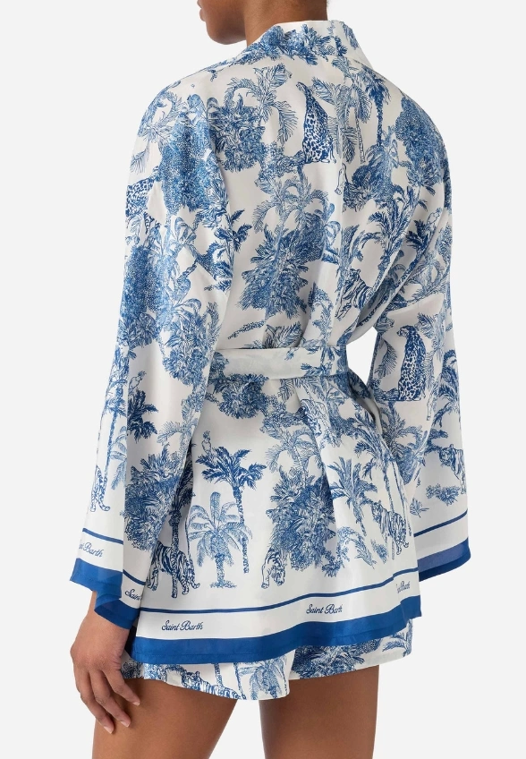 KIMONO Z JEDWABIU CARLY NIEBIESKO-BIAŁE