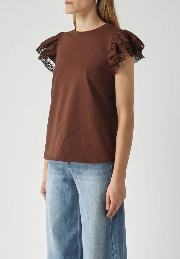 T-SHIRT BAWEŁNIANY Z KORONKĄ BRĄZOWY