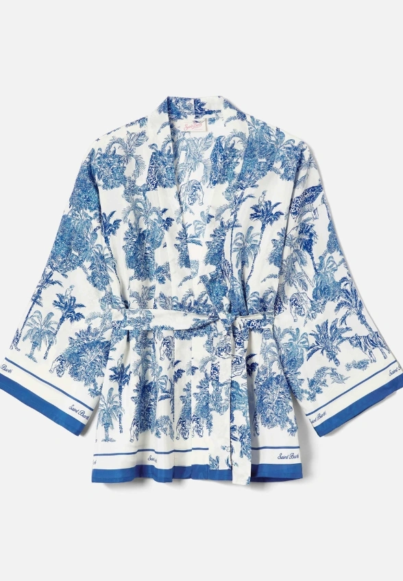 KIMONO Z JEDWABIU CARLY NIEBIESKO-BIAŁE