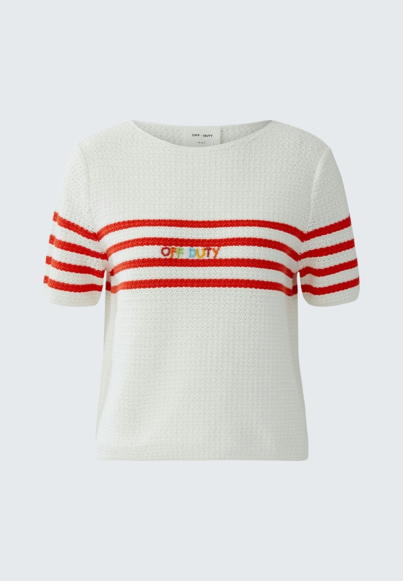 SWETER DZIANINOWY W PASKI BIAŁO-CZERWONY