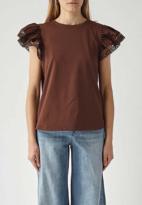 T-SHIRT BAWEŁNIANY Z KORONKĄ BRĄZOWY