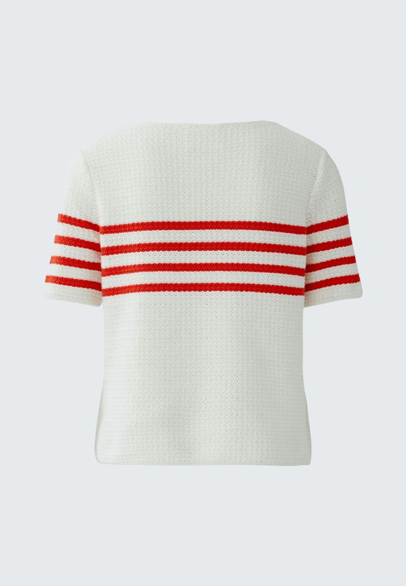 SWETER DZIANINOWY W PASKI BIAŁO-CZERWONY
