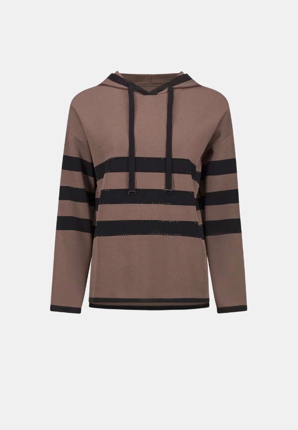 SWETER W PASKI Z KAPTUREM BRĄZOWO-CZARNY