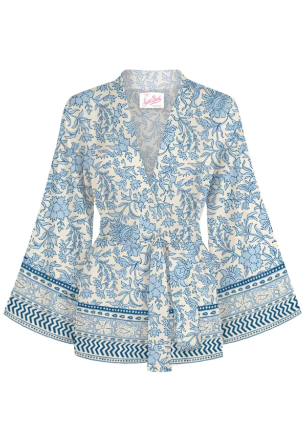KIMONO Z JEDWABIU CARLY BŁEKITNO-BIAŁE