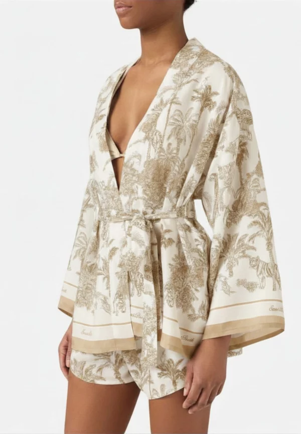 KIMONO Z JEDWABIU CARLY BEŻOWO-BIAŁE