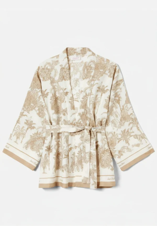 KIMONO Z JEDWABIU CARLY BEŻOWO-BIAŁE