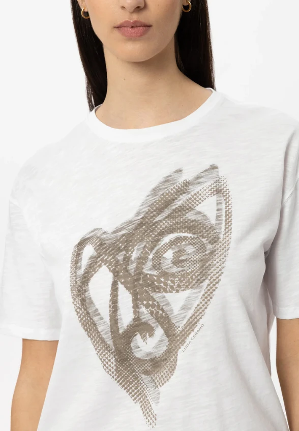 T-SHIRT BAWEŁNIANY Z ABSTRAKCYJNYM PRINTEM BIAŁY