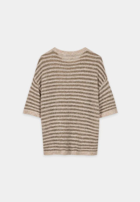 SWETER Z PRZĘDZY W PASKI BEŻOWY