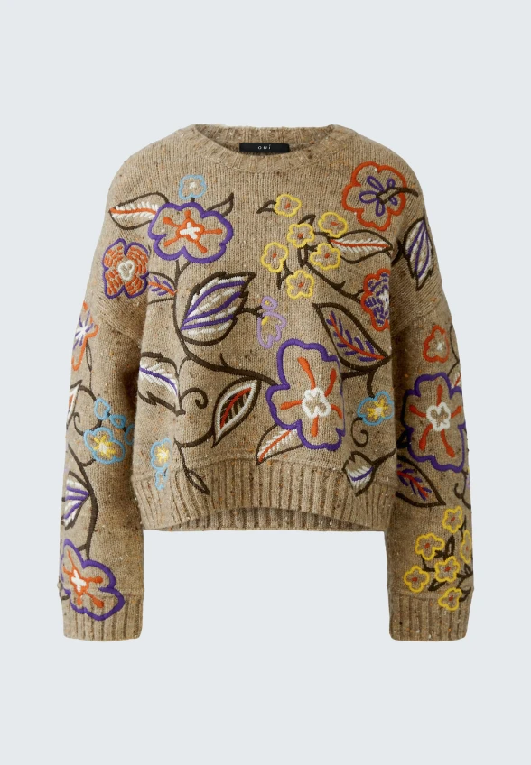 SWETER Z KWIATOWYM HAFTEM CIEMNY BEŻ