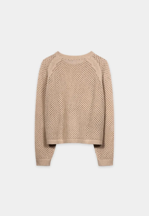 SWETER AŻUROWY Z MIESZANKI KASZMIRU JASNY BEŻ
