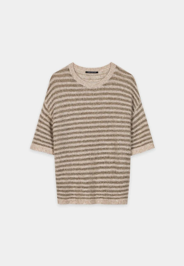 SWETER Z PRZĘDZY W PASKI BEŻOWY