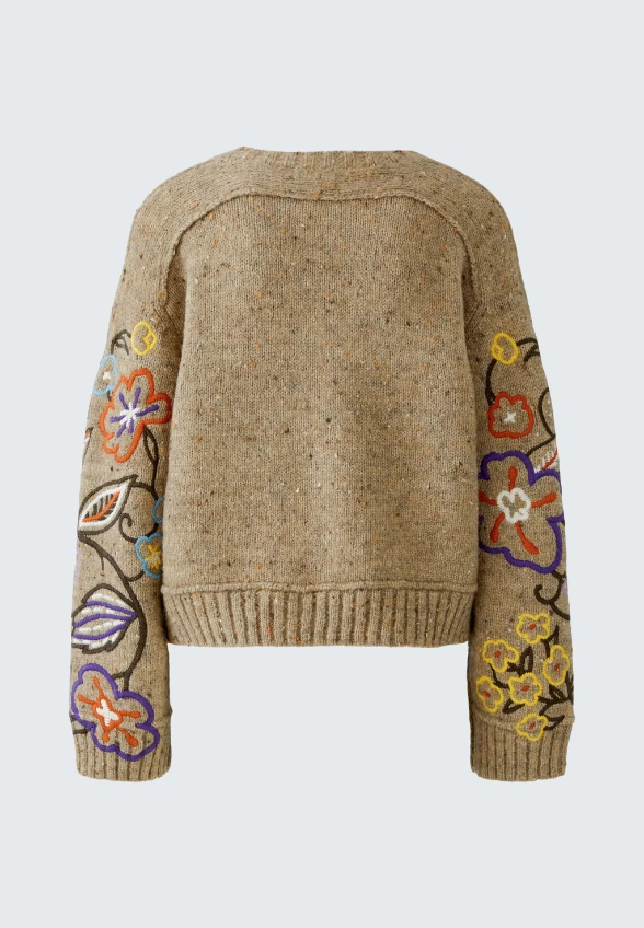 SWETER Z KWIATOWYM HAFTEM CIEMNY BEŻ