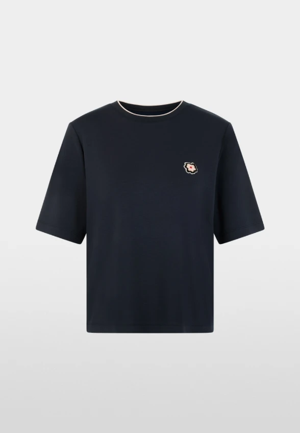 T-SHIRT Z KWIATOWĄ APLIKACJĄ GRANATOWY