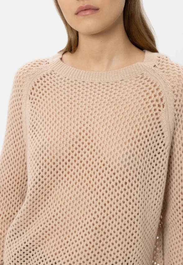 SWETER AŻUROWY Z MIESZANKI KASZMIRU JASNY BEŻ