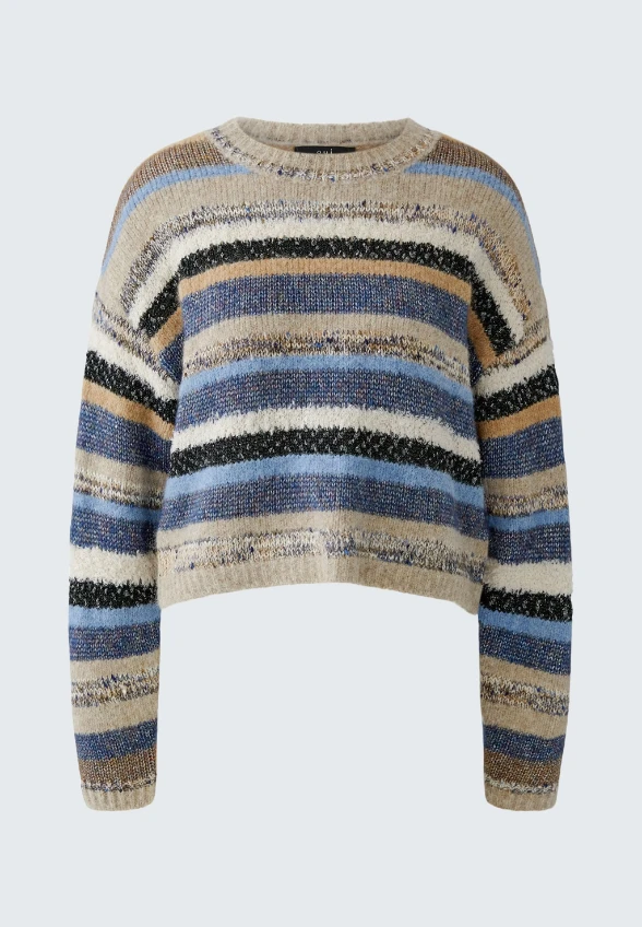 SWETER Z MIESZANKI MATERIAŁÓW BEŻOWO – NIEBIESKI