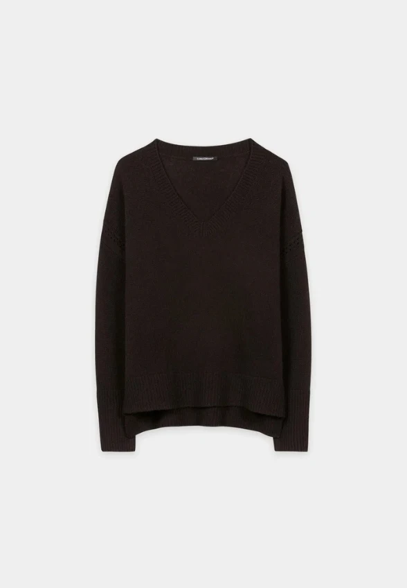 SWETER Z DOMIESZKĄ KASZMIRU CIEMNY BRĄZ