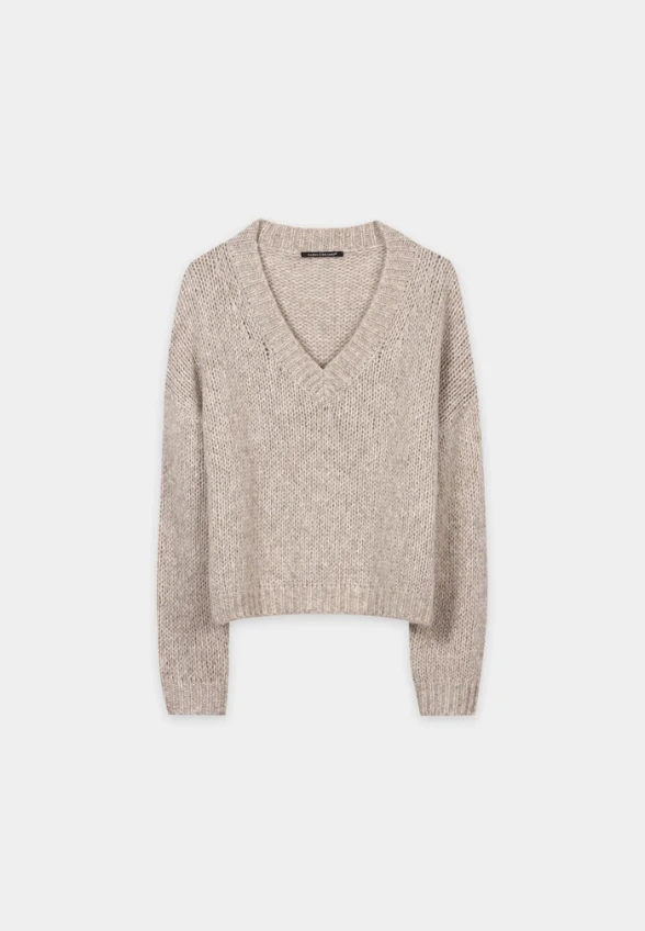 SWETER Z DOMIESZKĄ ALPAKI PERŁOWY