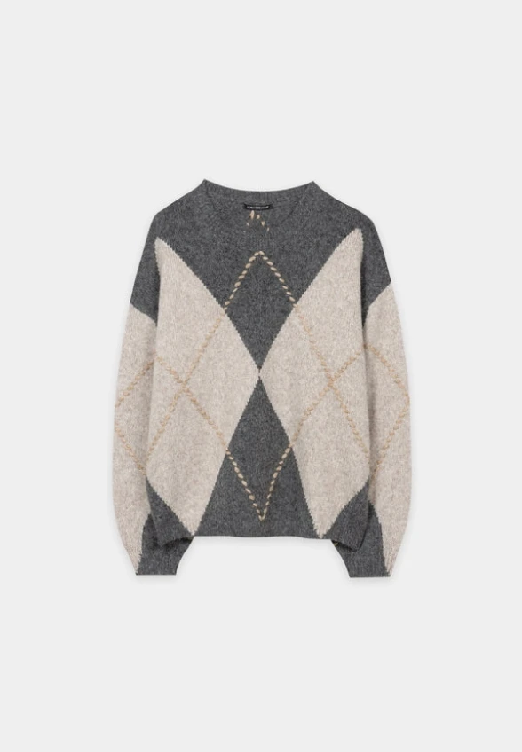 SWETER Z DOMIESZKĄ ALPAKI BEŻOWO-SZARY