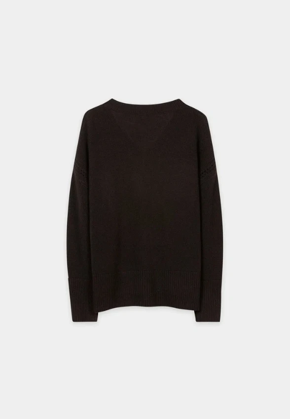 SWETER Z DOMIESZKĄ KASZMIRU CIEMNY BRĄZ