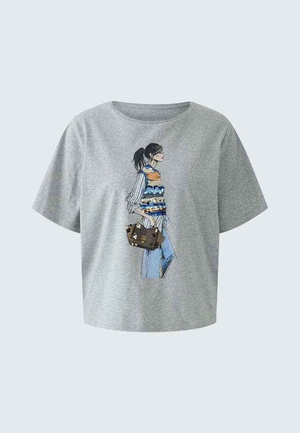 T-SHIRT Z NADRUKIEM I CEKINAMI SZARY